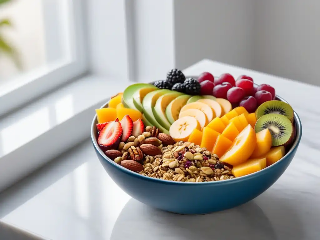 Deliciosa y colorida composición de desayuno vegano, con frutas frescas, frutos secos, semillas y granola en un elegante mostrador de mármol