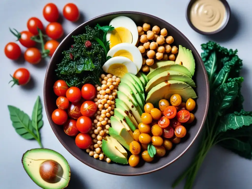 Una deliciosa y colorida ensalada vegana tipo Buddha Bowl con ingredientes frescos y vibrantes, ideal para principiantes en recetas veganas