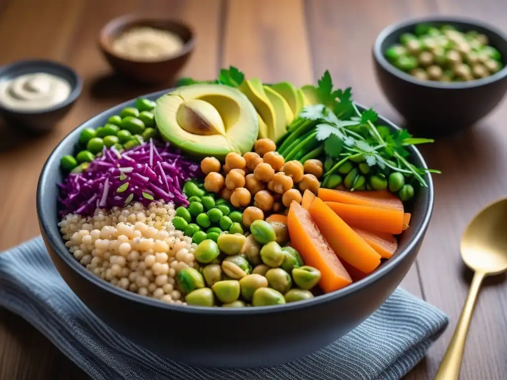 Una deliciosa y colorida ensalada vegana llena de proteínas vegetales, ideal para iniciar en el veganismo