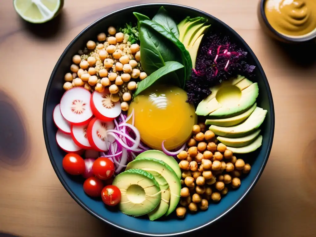 Una deliciosa y colorida ensalada vegana con ingredientes frescos y creativos, sobre una mesa de madera