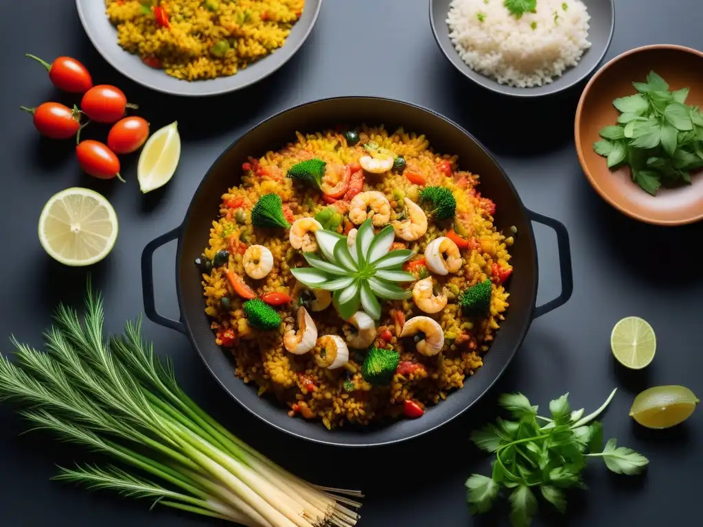 Deliciosa y colorida paella vegana en presentación moderna