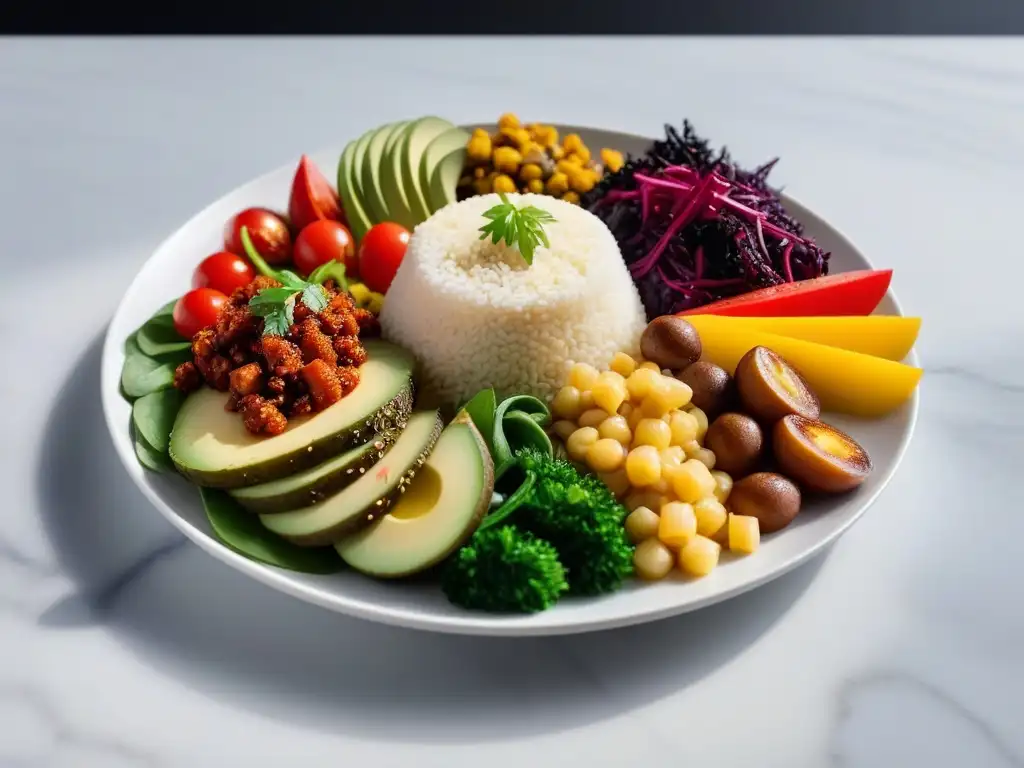 Una deliciosa y colorida exhibición de platos veganos en una mesa de mármol blanco