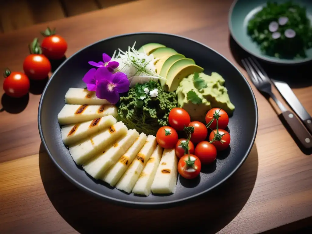 Deliciosa y colorida receta vegana con yuca autóctona, presentada en una elegante vajilla moderna