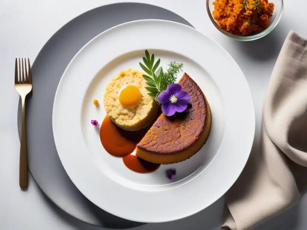 Plato vegano tradicional con twist creativo Una deliciosa y colorida interpretación vegana de la cocina americana tradicional e innovadora en un plato blanco