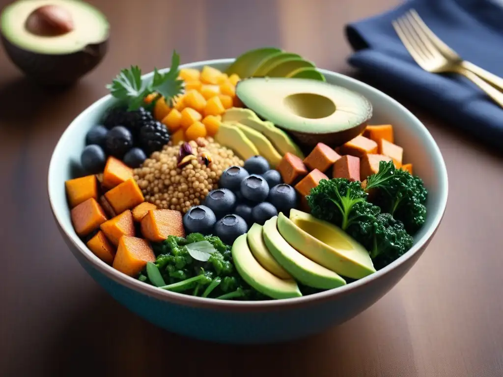 Una deliciosa combinación de superalimentos veganos para una dieta, en un bowl vibrante y colorido