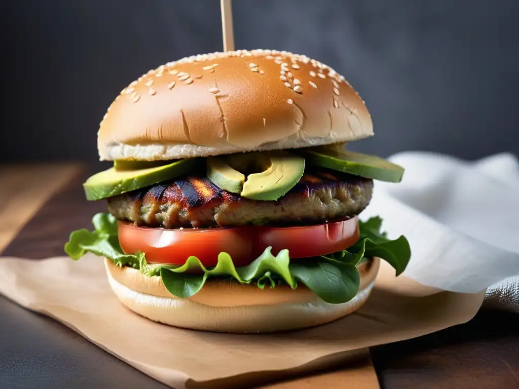 Deliciosa comida rápida vegana: una apetitosa hamburguesa vegana con aguacate, lechuga, tomate y veganesa en un pan integral artesanal tostado