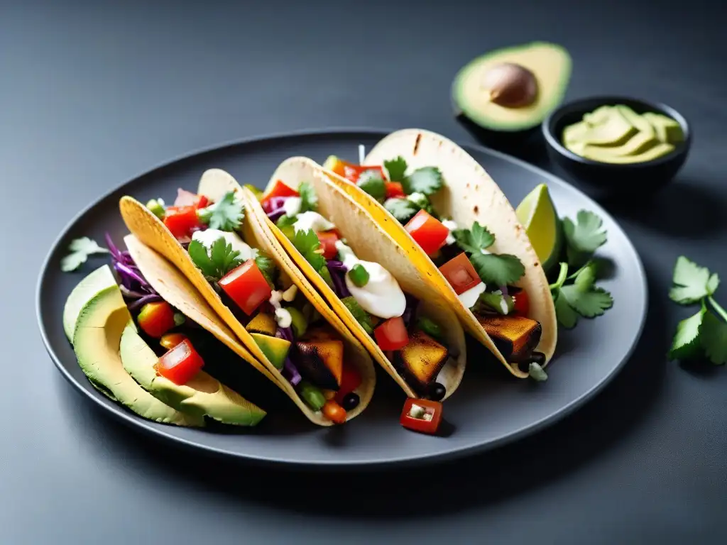 Deliciosa comida rápida vegana: variedad de tacos coloridos con vegetales a la parrilla, tofu picante, aguacate y salsa fresca en un plato moderno