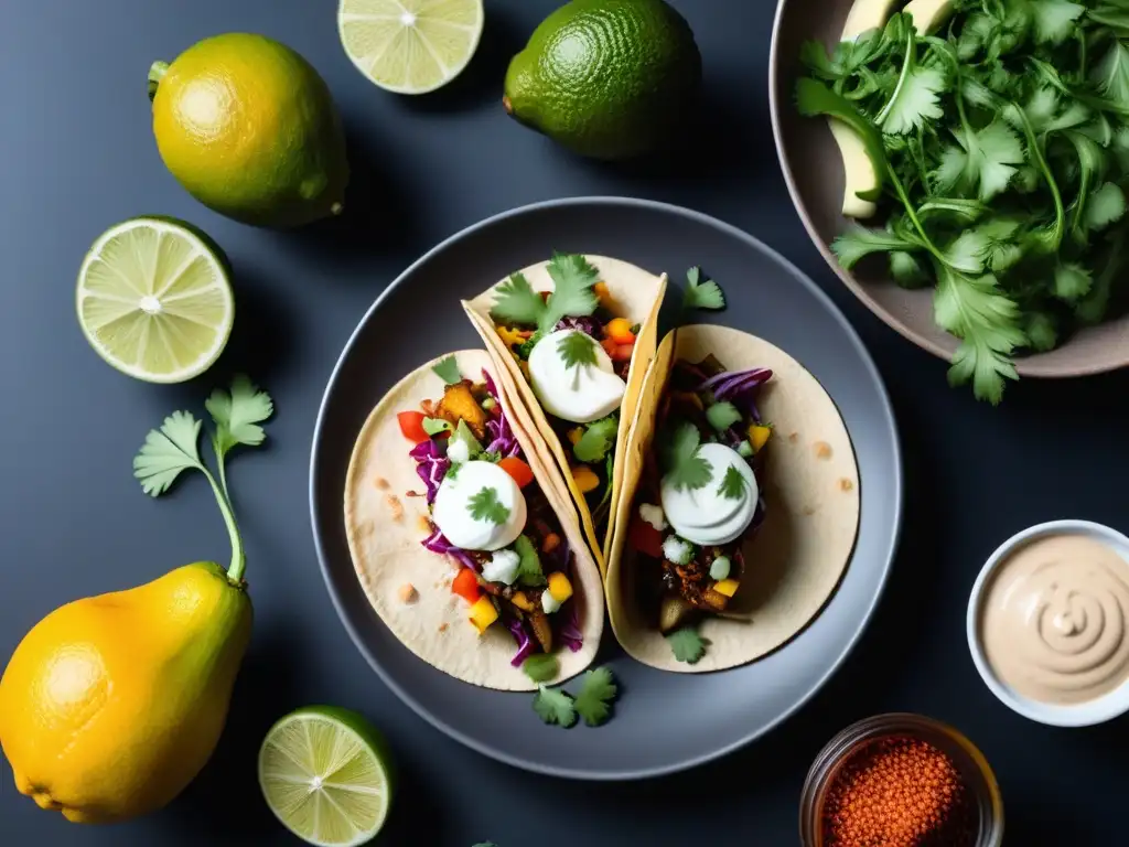 Deliciosa comida rápida vegana: Variedad de coloridos tacos veganos en plato blanco sobre mesa negra elegante