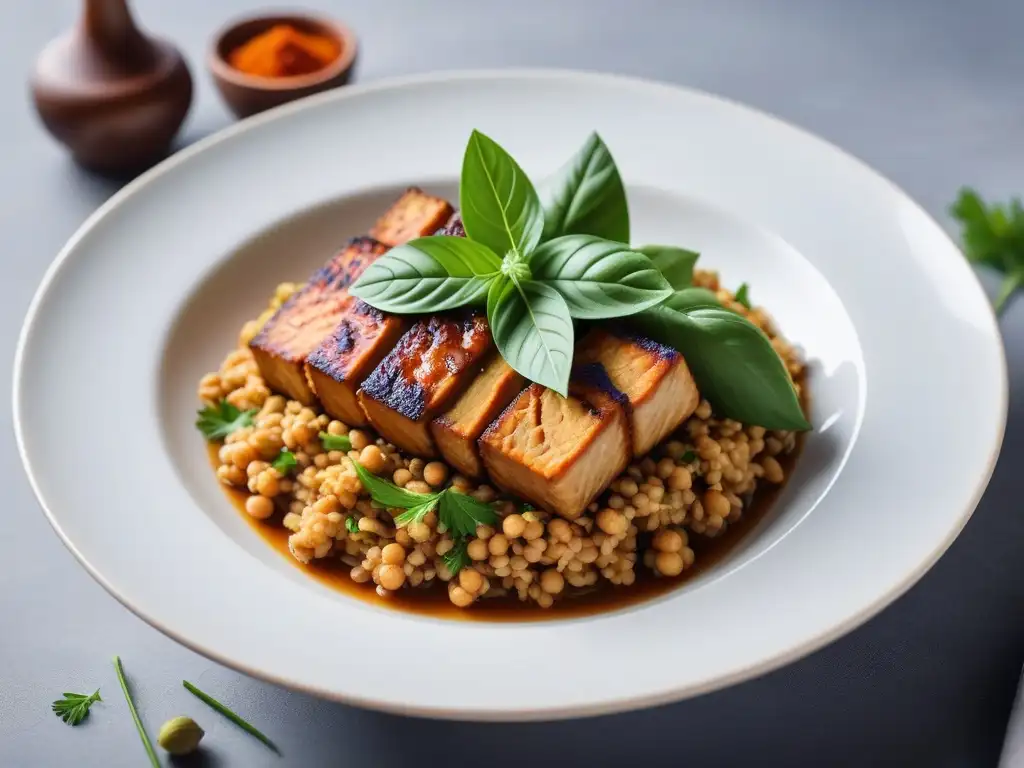 Deliciosa comida tradicional de tempeh de Indonesia, resaltando su textura y colores terrosos