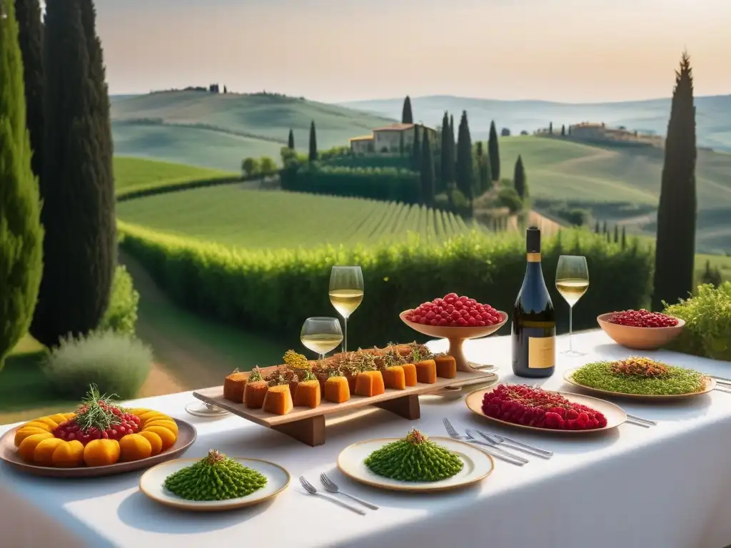 Deliciosa comida vegana en una lujosa villa toscana con vistas a colinas salpicadas de cipreses