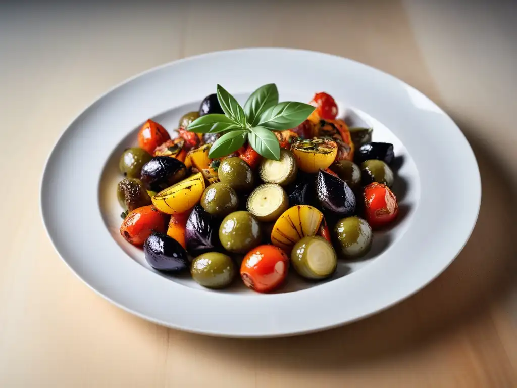 Deliciosa comida vegana mediterránea con los mejores aceites de oliva, vegetales coloridos en un elegante plato blanco sobre mesa rústica
