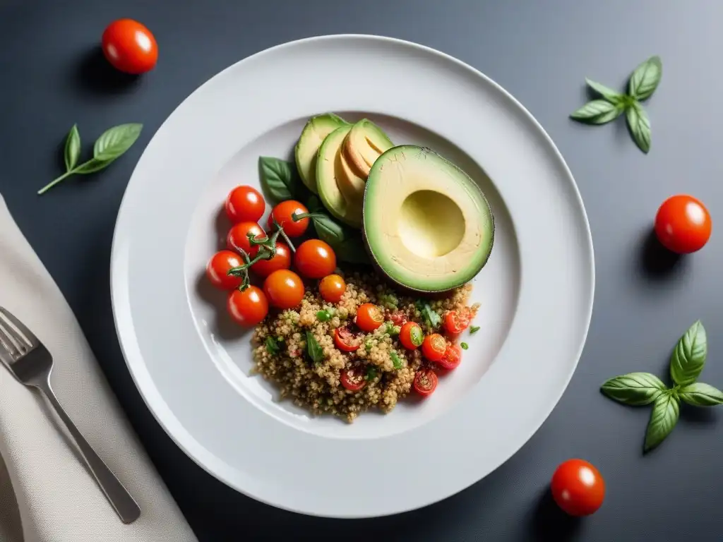 Deliciosa comida vegana minimalista con aguacate, tomates, quinoa y verduras asadas en un elegante plato blanco