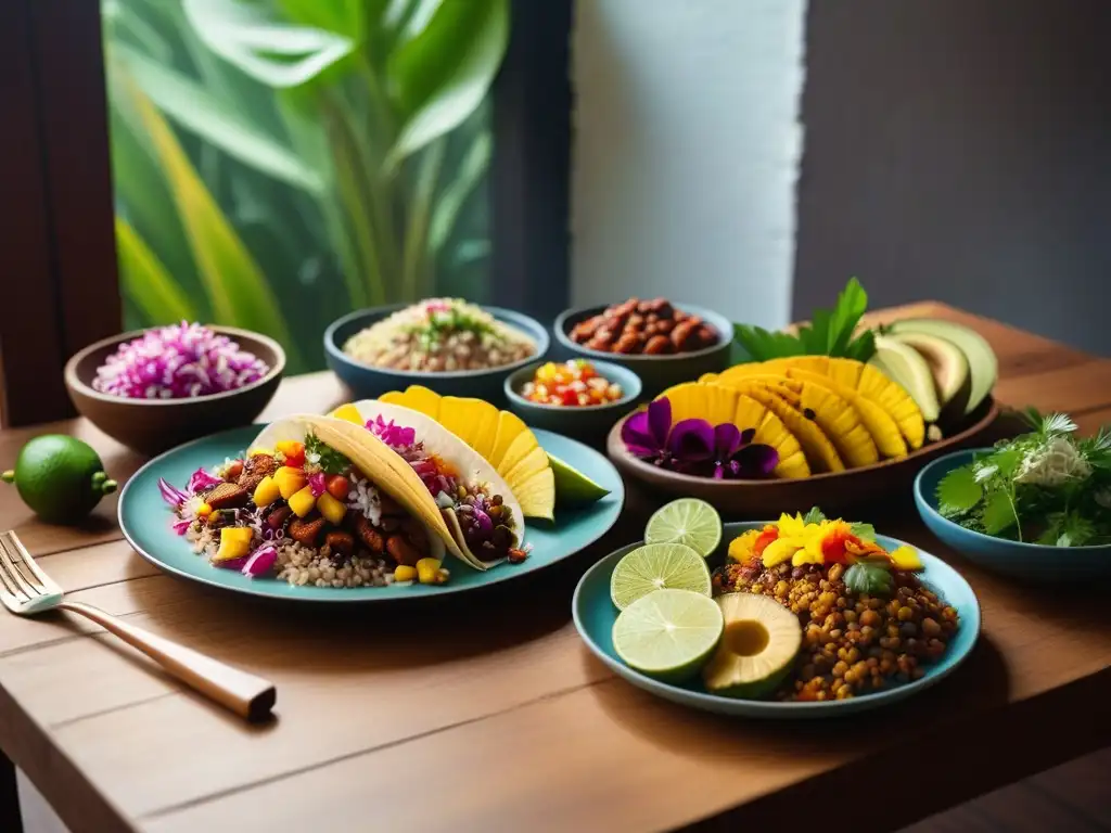 Deliciosa comida vegana caribeña con sabores exóticos en una mesa de madera