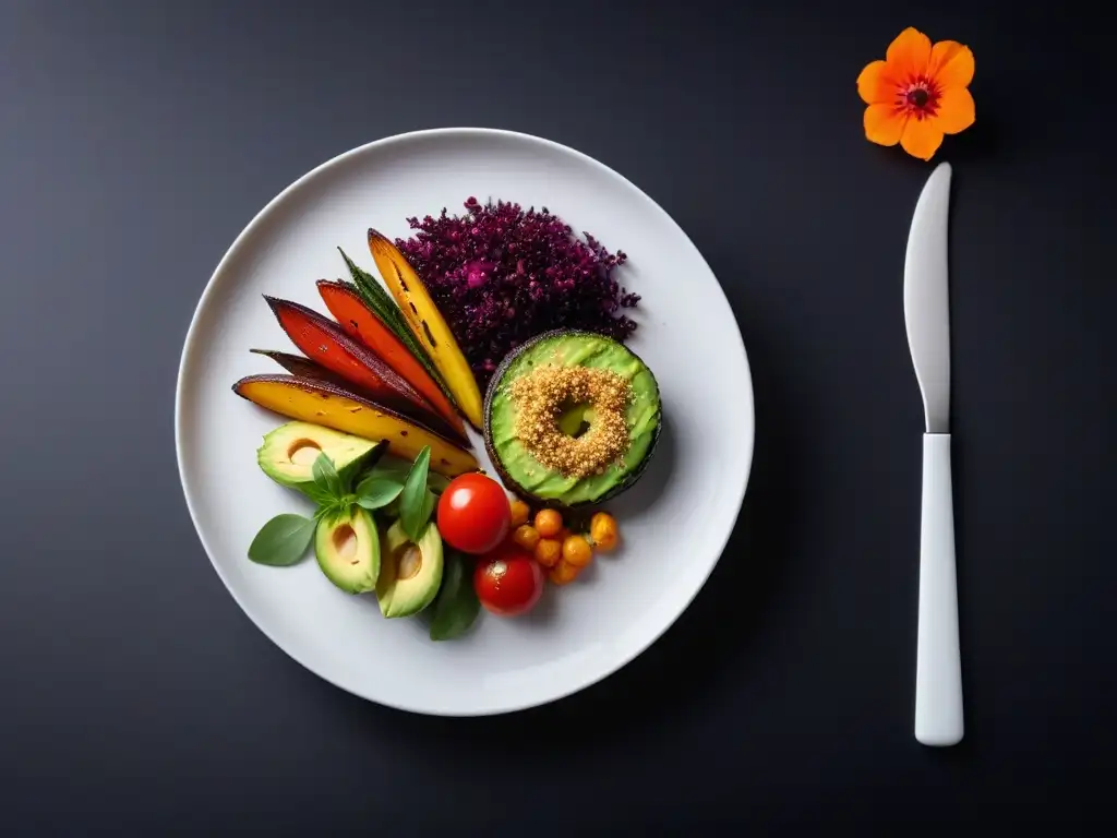 Deliciosa comida vegana en Lisboa con vegetales coloridos y quinoa, presentada artísticamente en un plato blanco