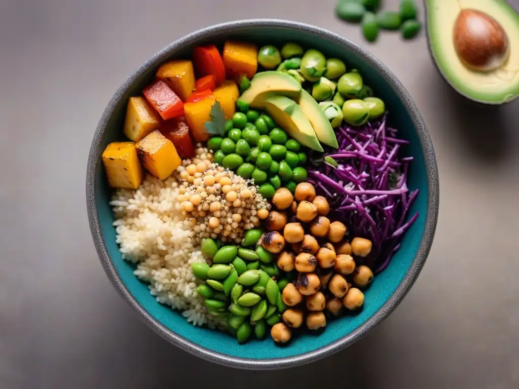 Una deliciosa composición de un bowl Buddha vegano con proteínas verdes