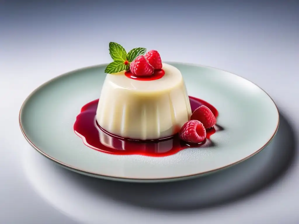 Deliciosa panna cotta vegana de agar agar con coulis de frambuesa y menta en plato minimalista