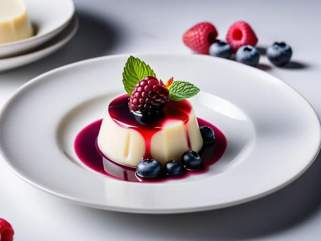 Deliciosa panna cotta vegana con frutos rojos y menta en plato blanco, mostrando la textura del agar agar en recetas veganas