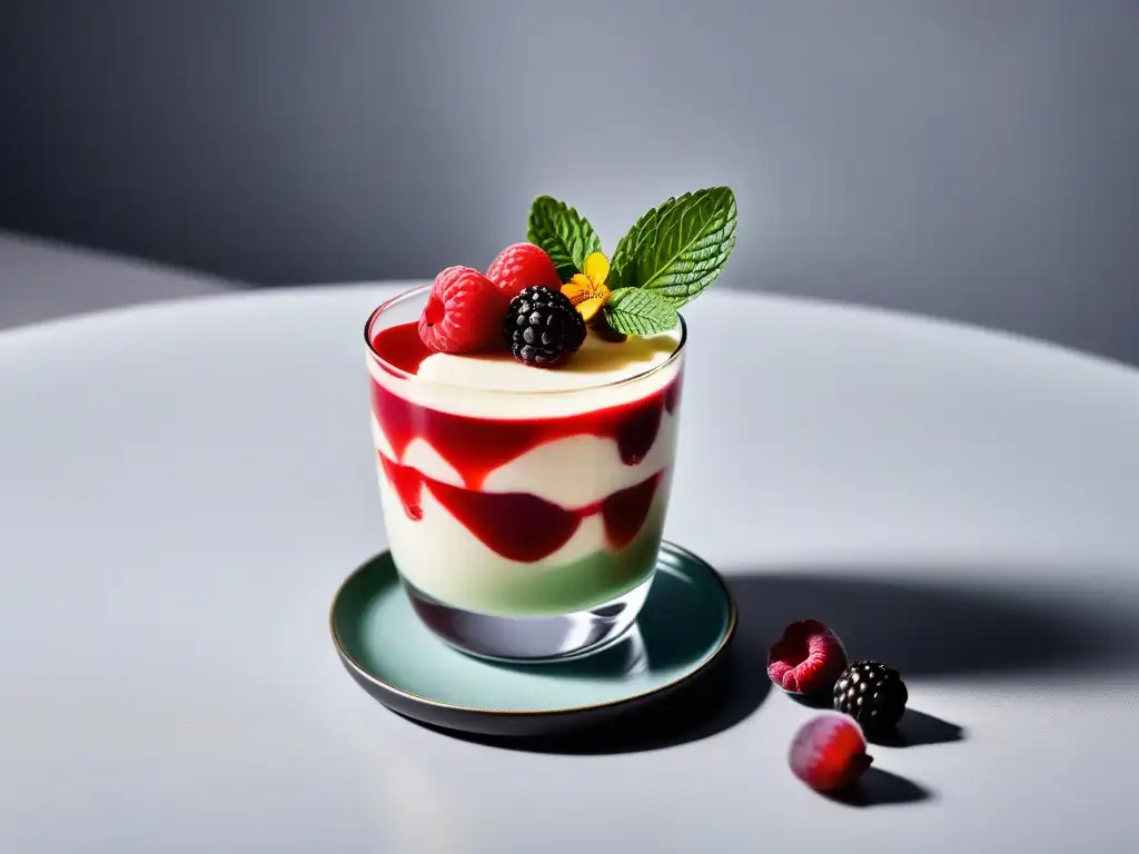 Deliciosa panna cotta vegana sin gelatina, adornada con coulis de bayas rojas y flores comestibles, en copa elegante