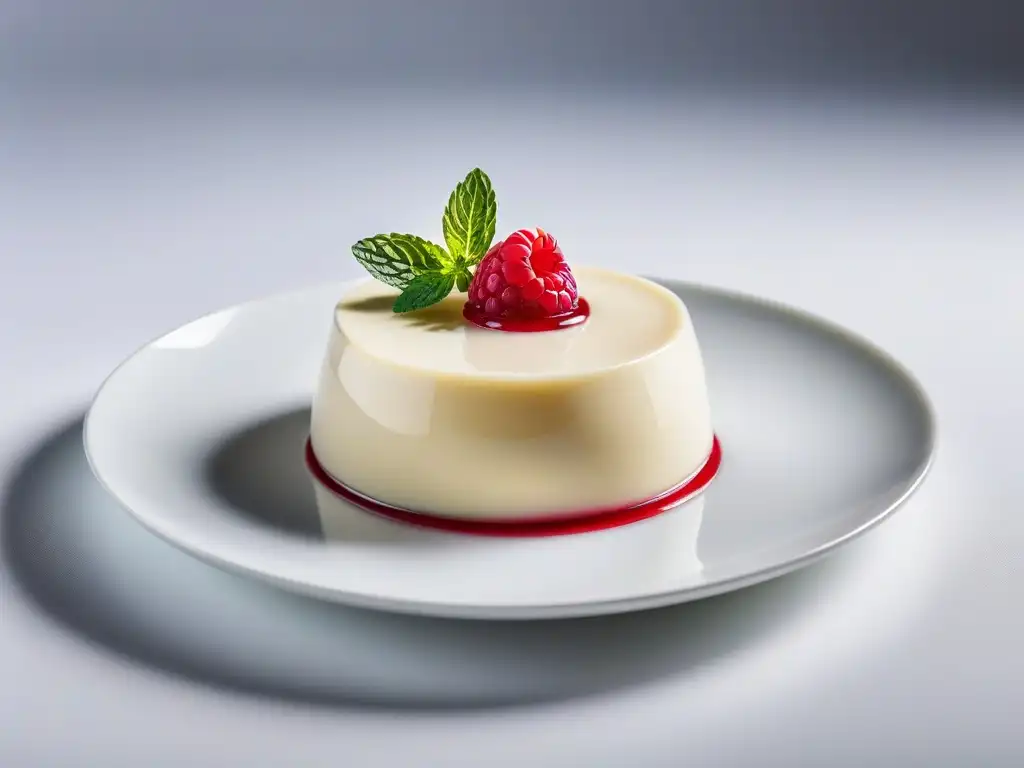 Deliciosa panna cotta vegana sin gelatina con coulis de frambuesa y menta fresca en elegante presentación