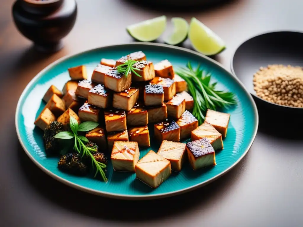 Deliciosa presentación de cubos de tofu y tempeh marinados en un plato moderno