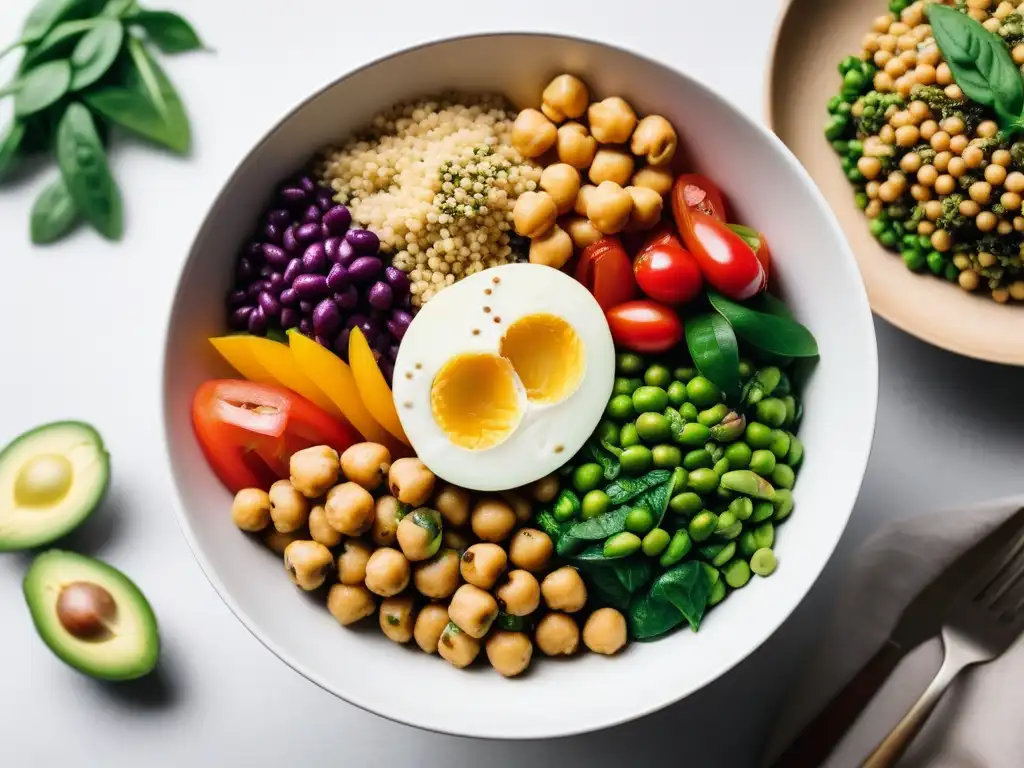 Deliciosa dieta vegana alta en proteínas: Buddha bowl colorido con quinoa, tofu, verduras frescas y semillas, en cocina moderna y luminosa