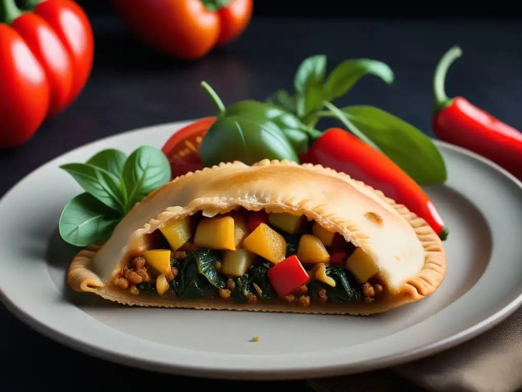 Deliciosa empanada vegana dorada con crujiente borde, rellena de vegetales coloridos