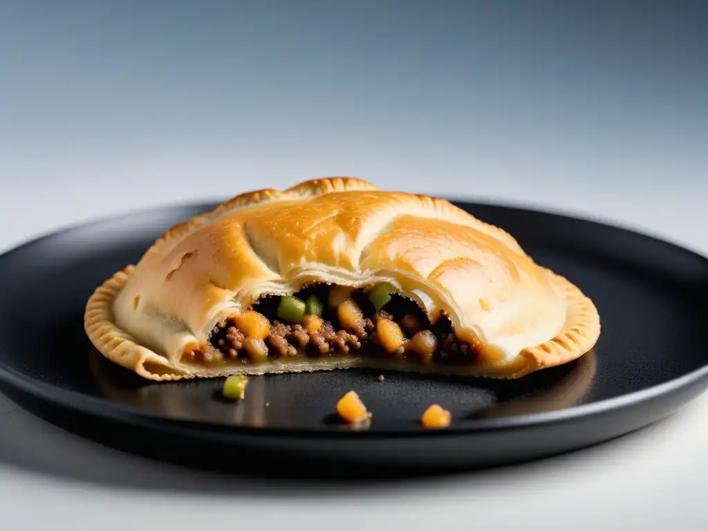 Deliciosa empanada vegana dorada recién horneada, con relleno sin carne y vapor, en elegante plato negro