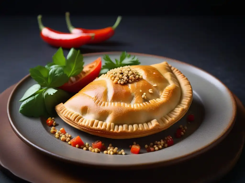 Deliciosa empanada vegana sin gluten, rellena de vegetales coloridos y hierbas aromáticas, en un elegante plato minimalista