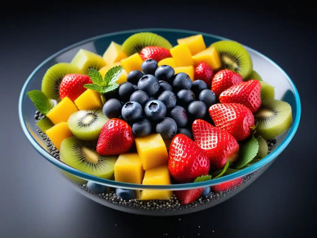 Deliciosa ensalada de frutas con fresas, arándanos, kiwi y mango, ideal para deportistas veganos