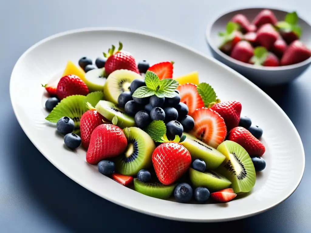 Deliciosa ensalada de frutas vibrantes en plato blanco moderno