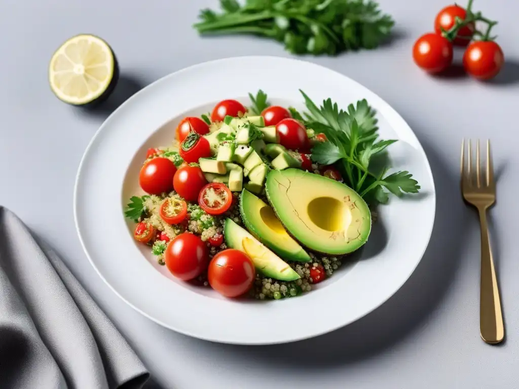 Deliciosa ensalada de quinoa con ingredientes frescos y coloridos, en plato minimalista blanco