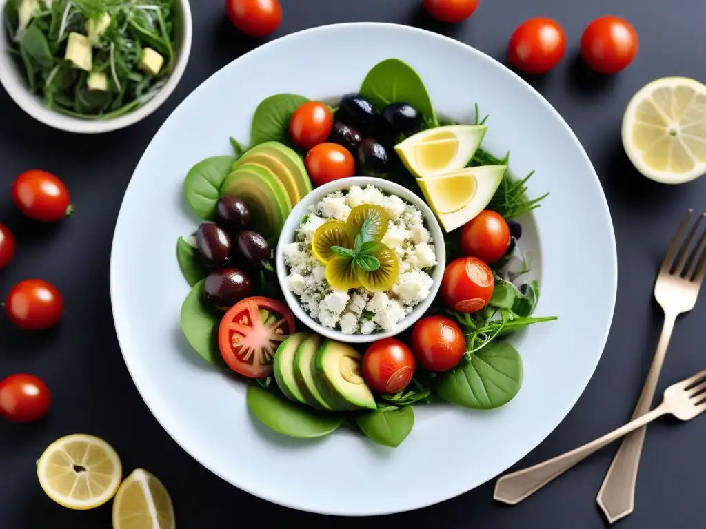 Una deliciosa ensalada mediterránea vegana llena de color y frescura en un elegante plato blanco