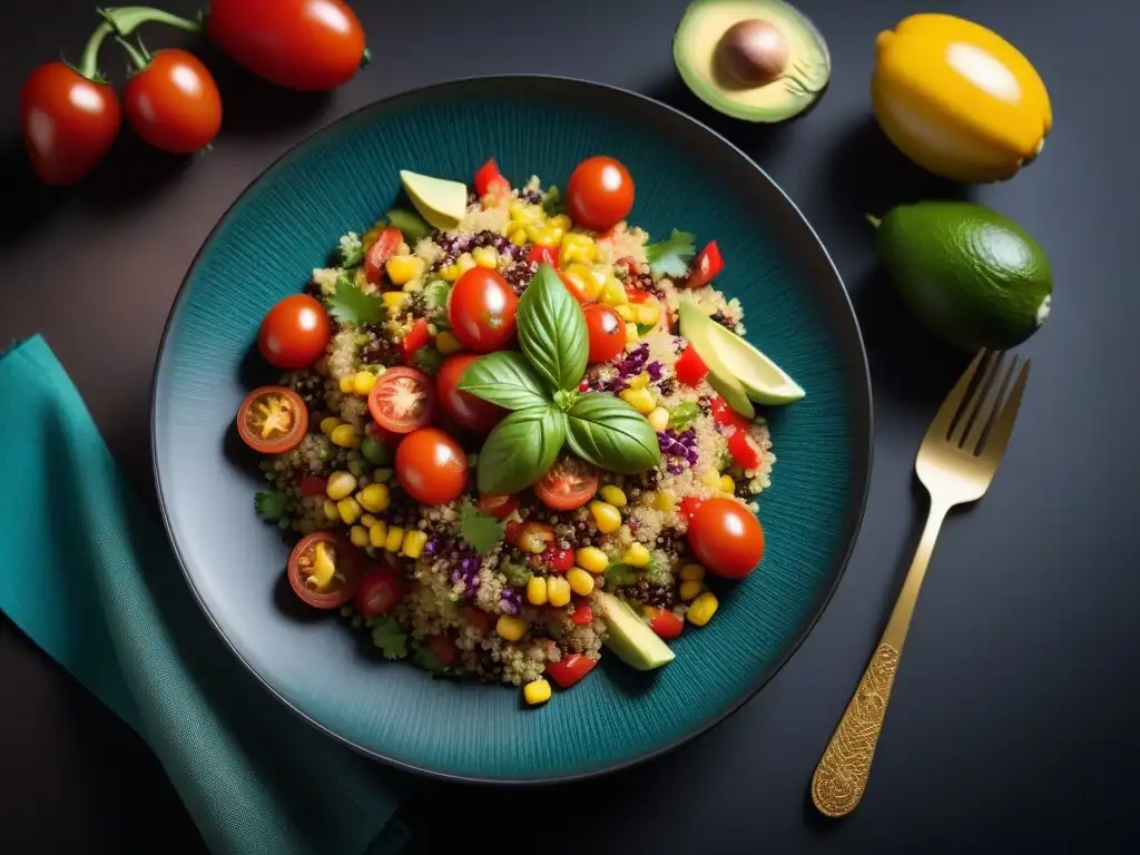 Una deliciosa ensalada de quinua andina, colorida y vibrante, con ingredientes frescos y detallados