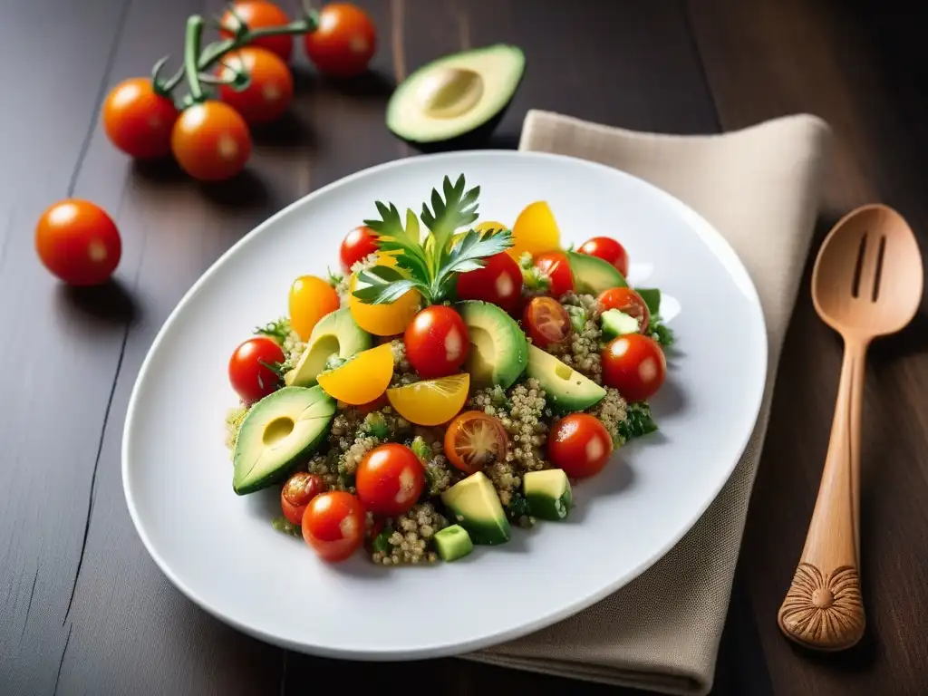 Deliciosa ensalada de quinua con tomates, pepino, aguacate y perejil, aliñada con limón