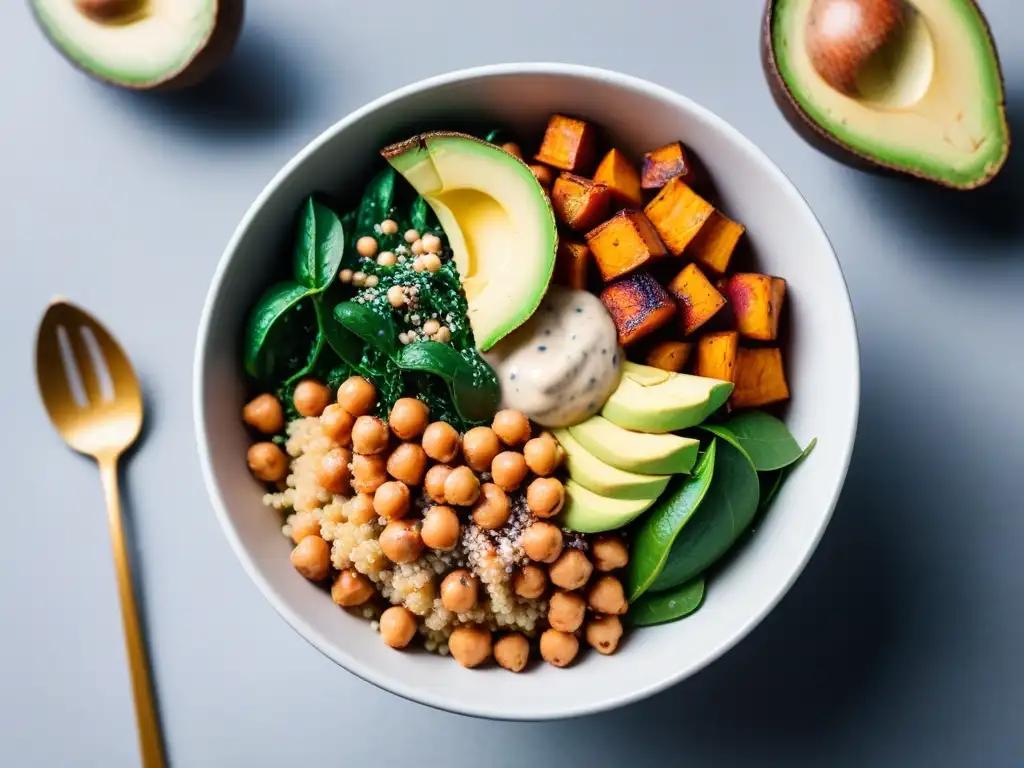 Deliciosa ensalada de quinua vegana con ingredientes frescos y coloridos