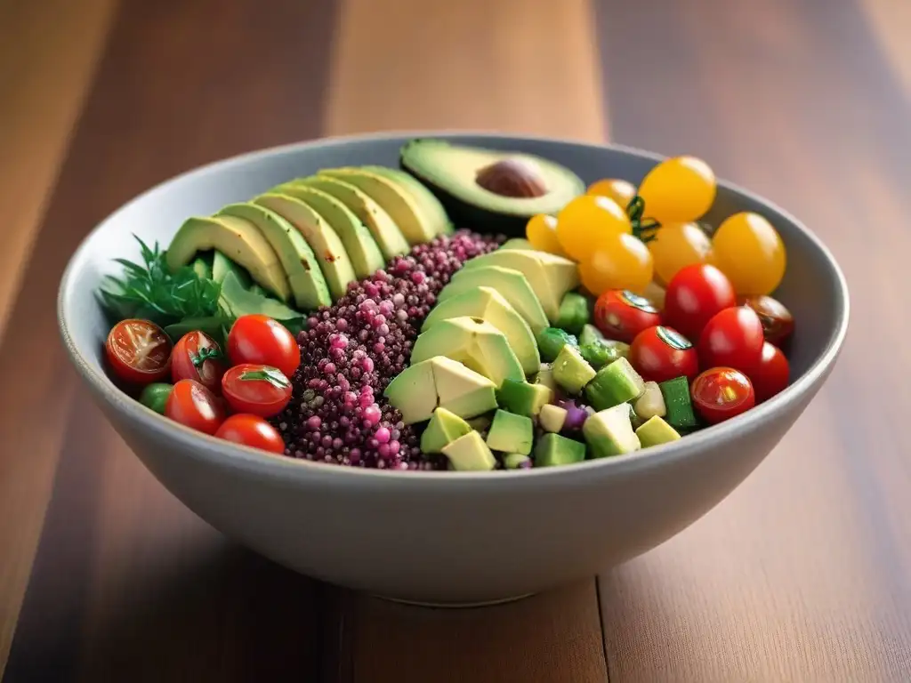 Deliciosa ensalada de quinoa vegana con aguacate, tomates y hierbas frescas