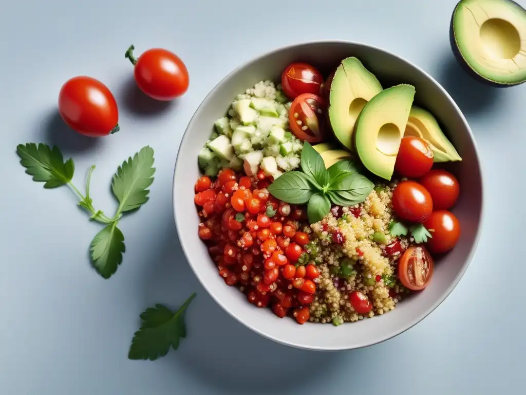 Deliciosa ensalada de quinoa vegana con aguacate, tomate y cilantro