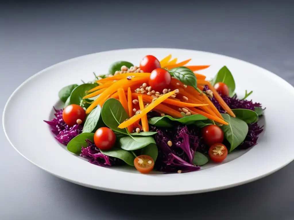 Deliciosa ensalada vegana asiática con vibrantes colores y presentación impecable