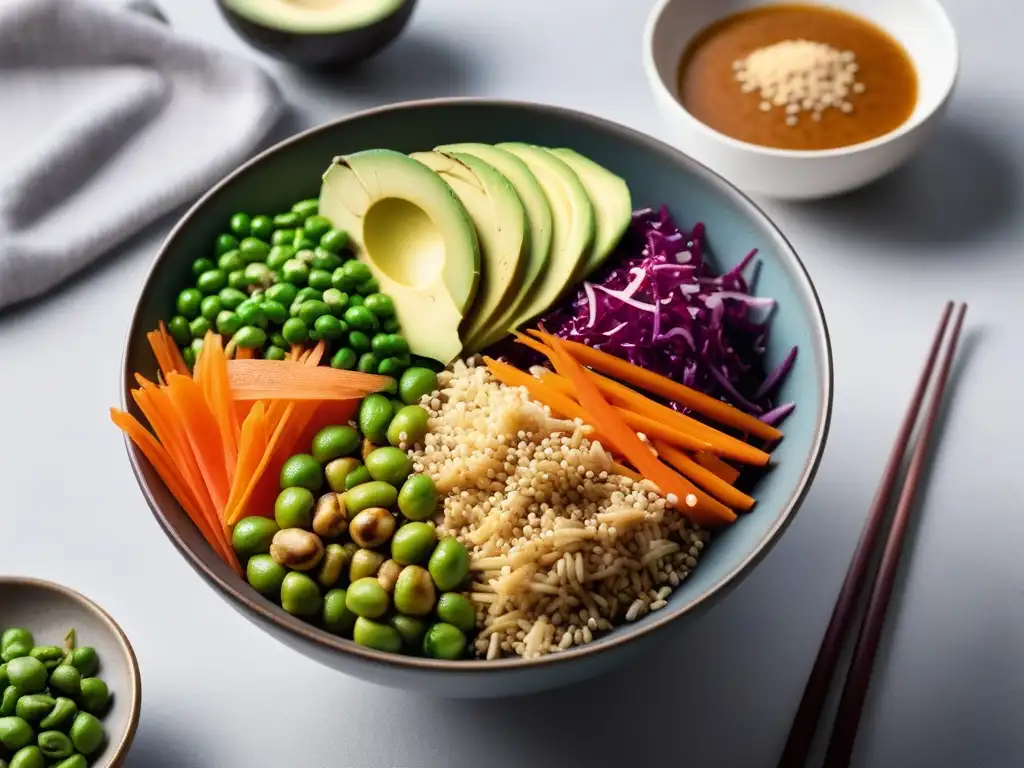 Deliciosa ensalada vegana asiática con tofu crujiente, aguacate, edamame, zanahoria y aderezo de sésamo