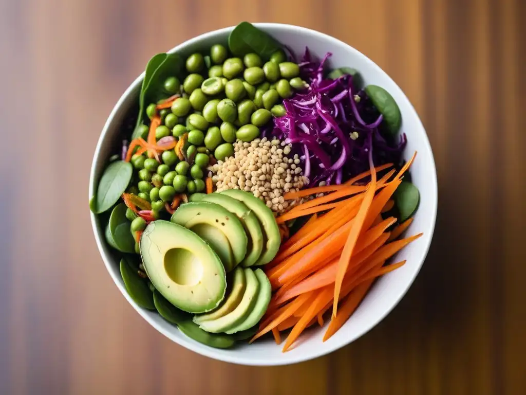 Deliciosa ensalada vegana asiática con ingredientes vibrantes en un bol blanco