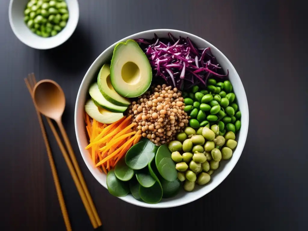 Una deliciosa ensalada vegana asiática con ingredientes frescos y coloridos, presentada elegantemente en un tazón blanco sobre una mesa de madera oscura