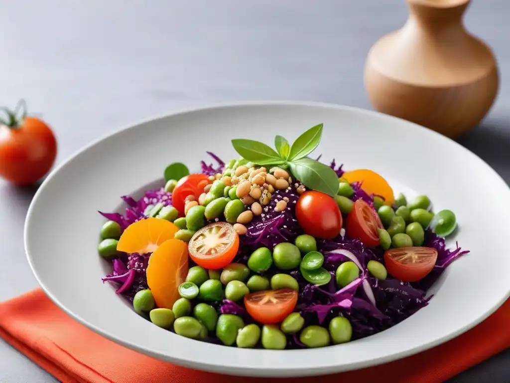 Deliciosa ensalada vegana asiática con col morada, edamame, zanahorias y tomates cherry en un elegante bol blanco