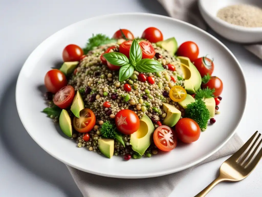 Deliciosa ensalada vegana de cáñamo con aguacate, tomate cherry y quinoa