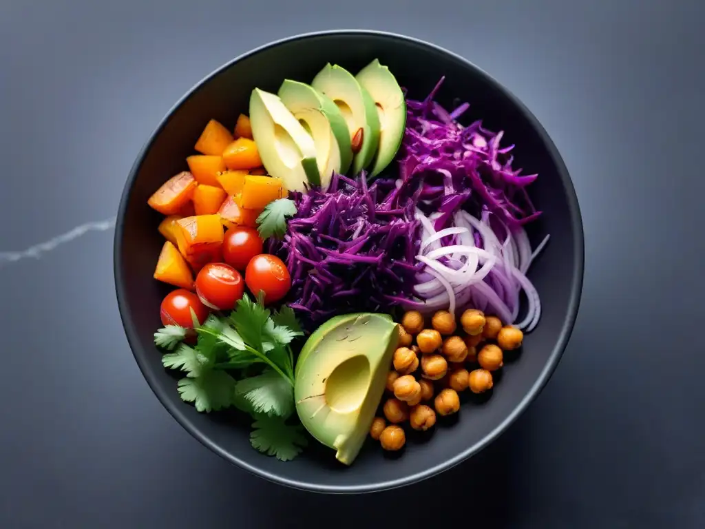 Deliciosa ensalada vegana colorida con vegetales frescos y aderezo de cilantro