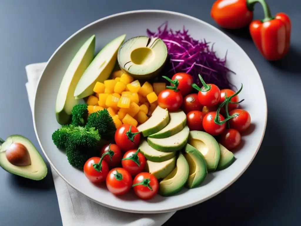 Deliciosa ensalada vegana con yuca autóctona, vegetales coloridos y hierbas frescas en plato blanco