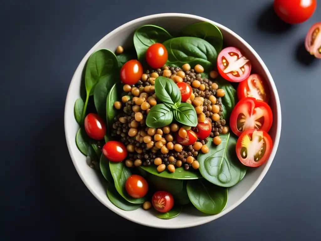 Deliciosa ensalada vegana de espinacas y lentejas, con ingredientes frescos y coloridos