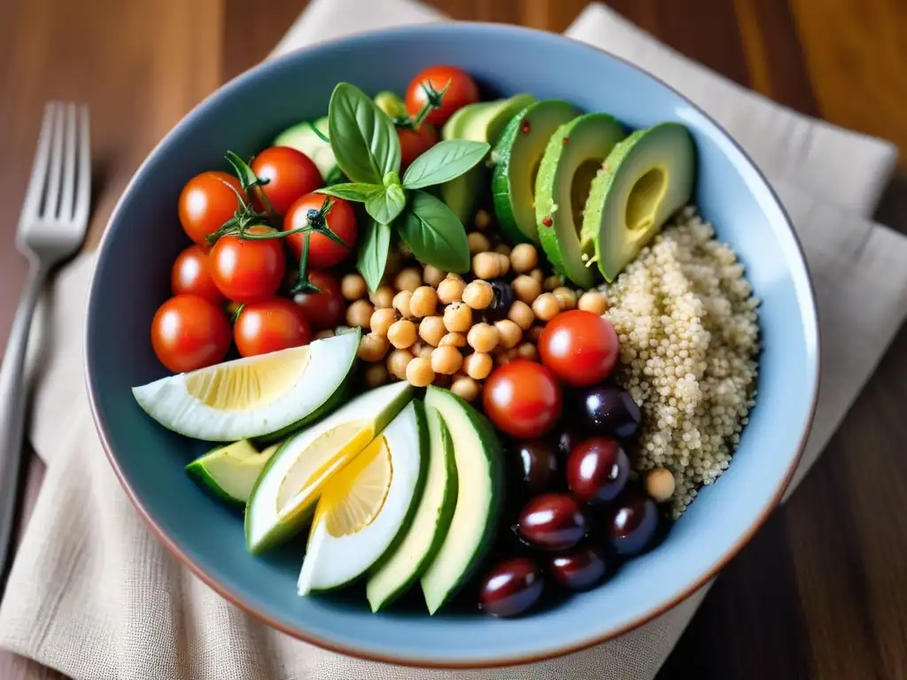 Deliciosa ensalada mediterránea vegana con ingredientes frescos y coloridos, presentada con elegancia en una mesa de madera moderna