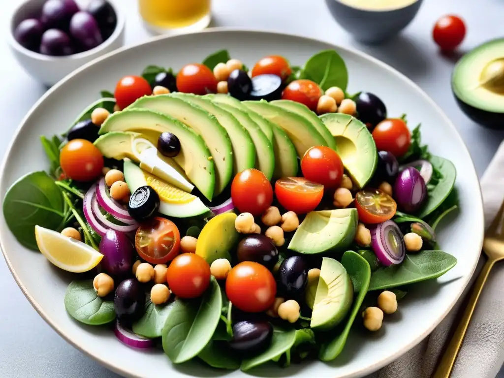 Deliciosa ensalada mediterránea vegana con ingredientes frescos y coloridos, bañados en vinagreta de limón bajo una suave luz natural