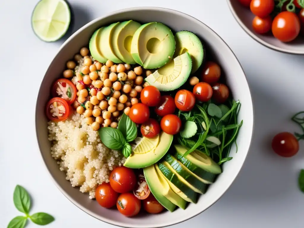 Deliciosa ensalada vegana de quinoa con ingredientes frescos y coloridos