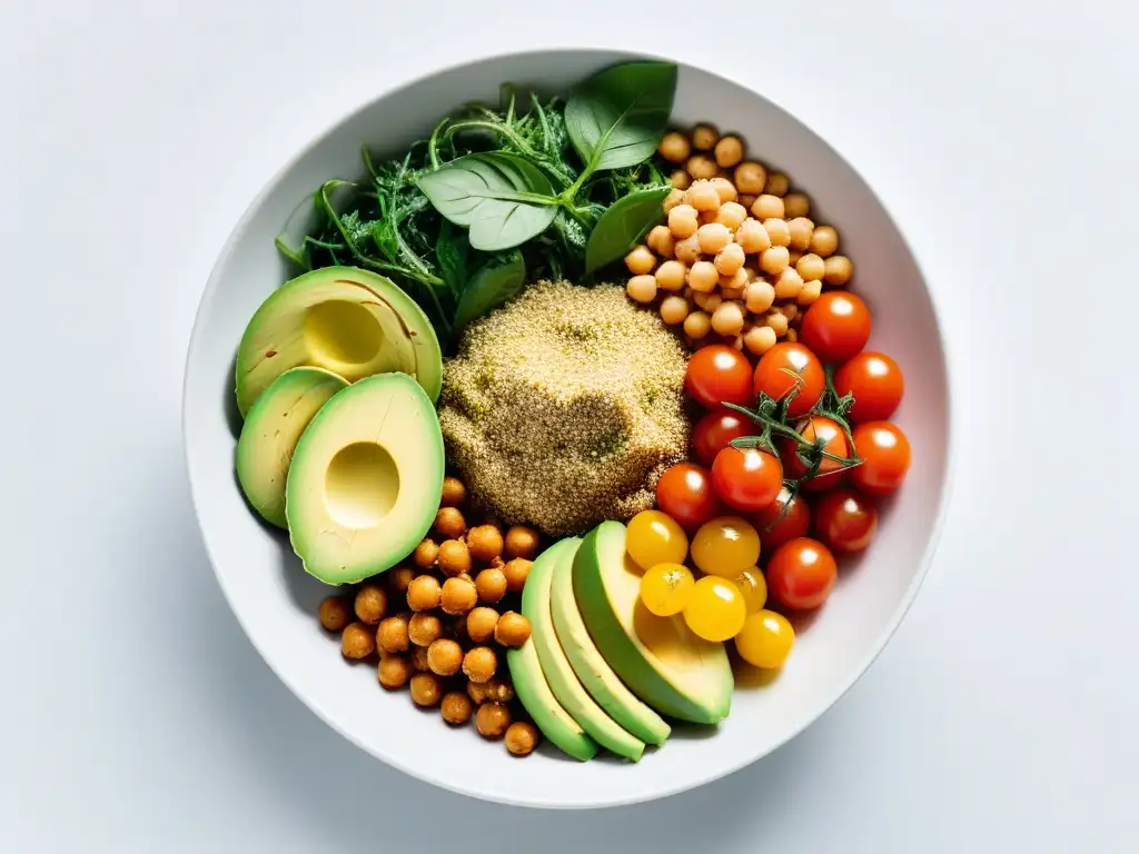 Deliciosa ensalada vegana con levadura nutricional, quinoa, aguacate y tomates cherry en un plato blanco moderno